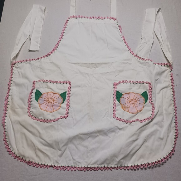 VTG Apron Floral Handmade Embroidered Pockets Bib Smock Pink Cottage farmcore - Picture 3 of 13